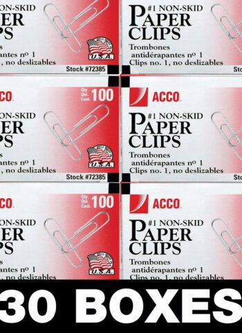 ACCO Paper Clips, 1 Size, Economy, Non-Skid, 30 Boxes, 100/Box