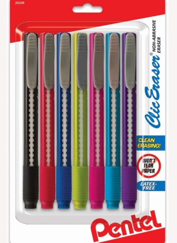 Pentel Clic Retractable Eraser, Assorted Colored Pen Style Grip Erasers, Pack of 7